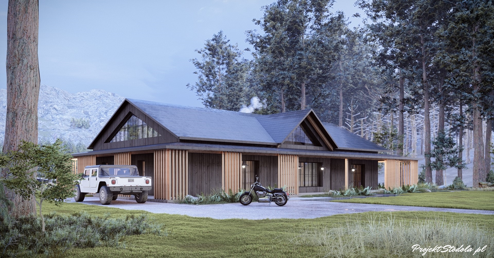 Projekt Stodoła FarmHouse widok bok front