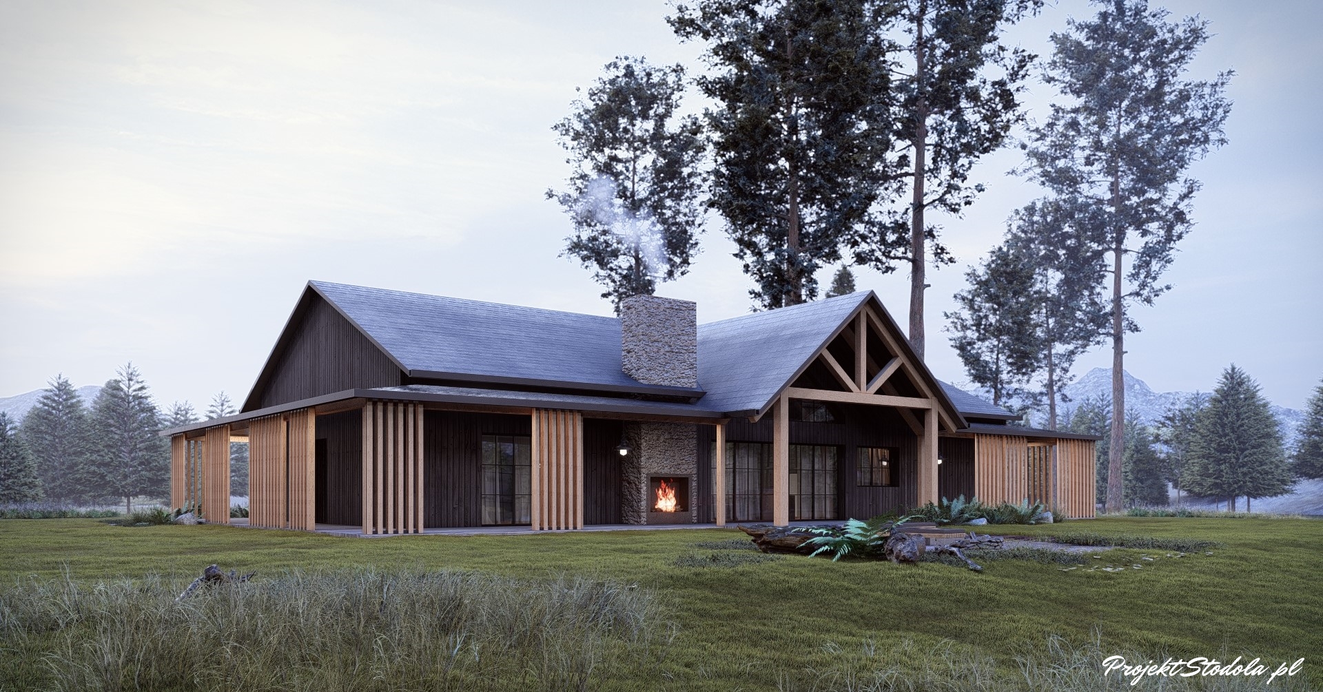 Projekt Stodoła FarmHouse widok bok tył