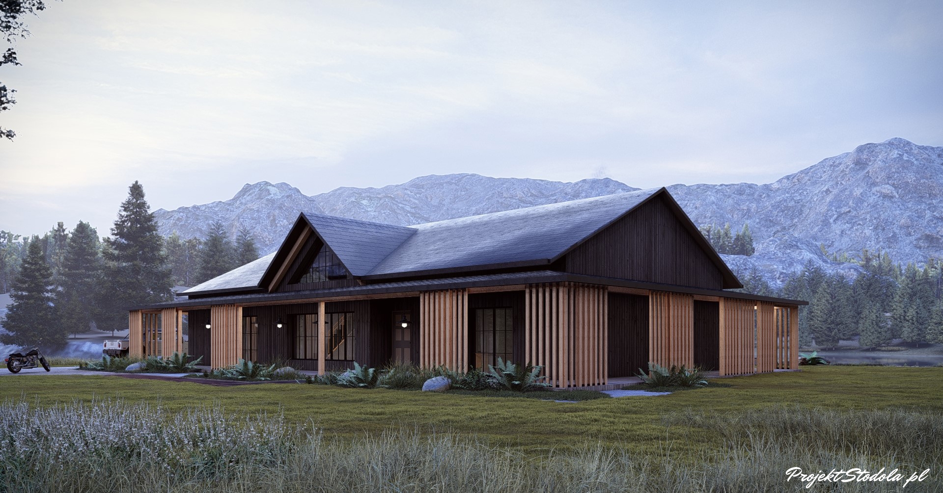 Projekt Stodoła FarmHouse widok front bok