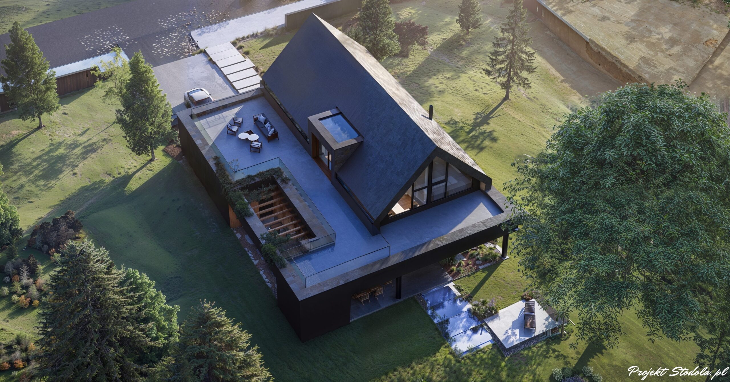 Projekt Stodoła XL Minus Aksonometria ogród